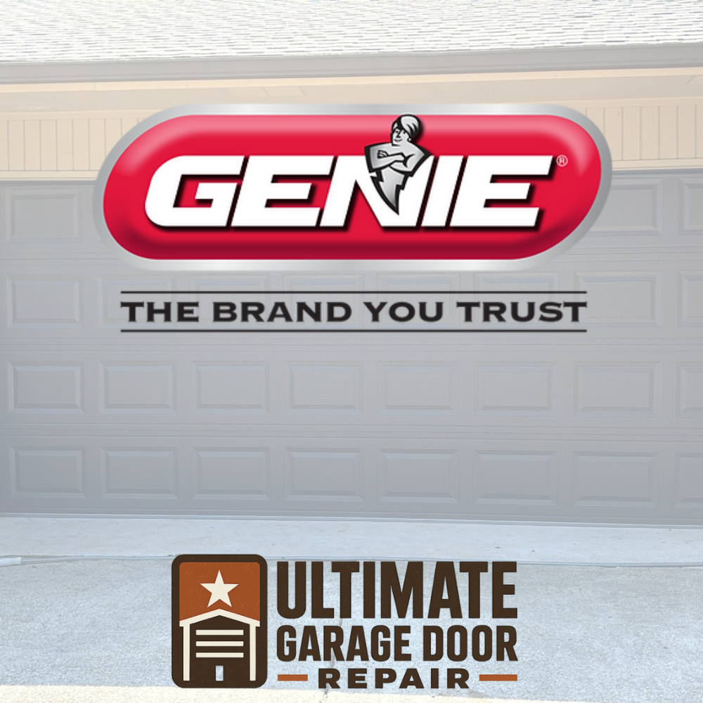 Genie garage door opener service in front of white panel door