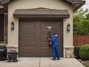 Technician servicing a residential garage door