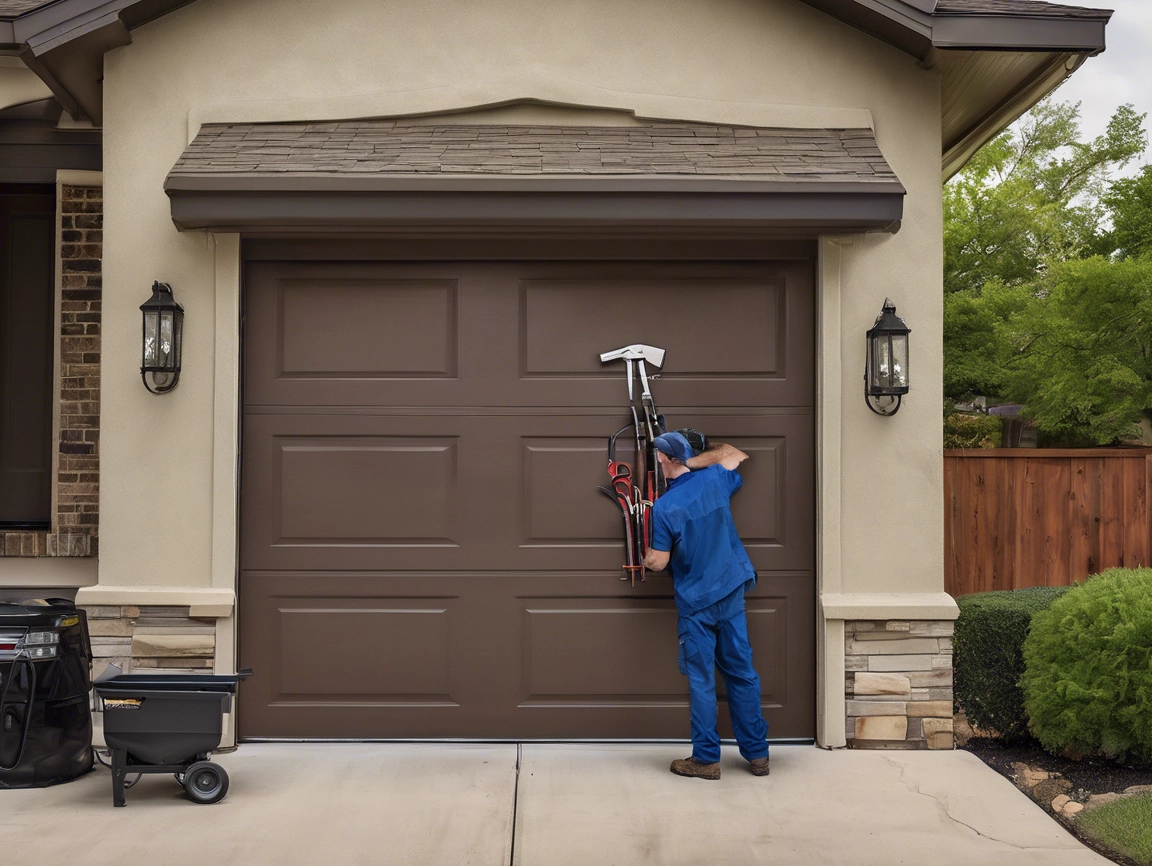 Technician repairing garage door in San Antonio home