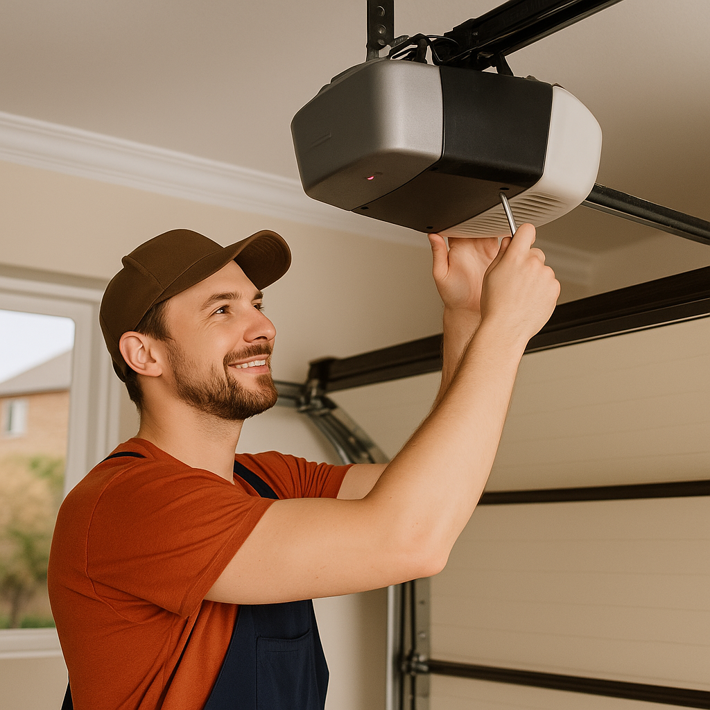 Technician repairing garage door opener motor in Austin home