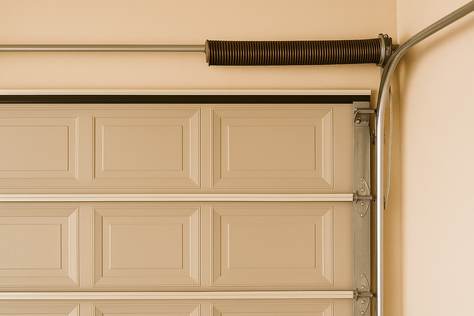 Close-up of a garage door spring and track system installed in a San Antonio home — torsion spring aligned above a beige sectional garage door.