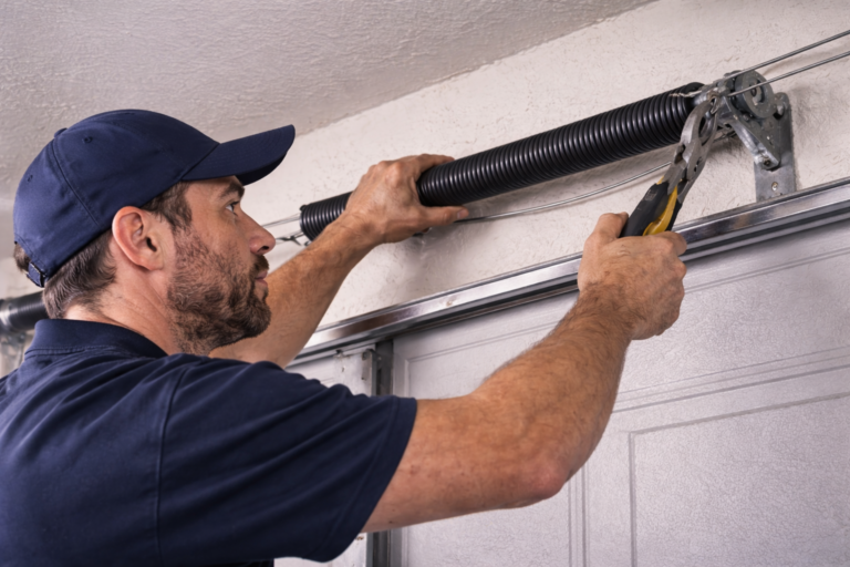 Technician repairing a broken garage door spring