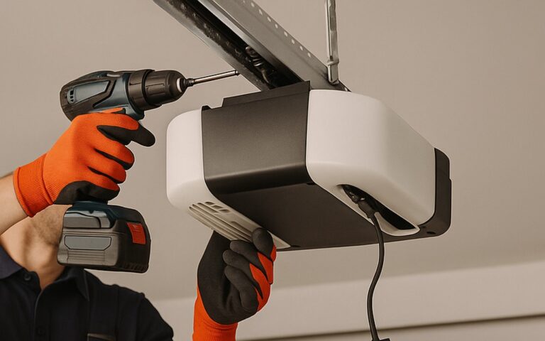 Technician repairing a garage door opener motor