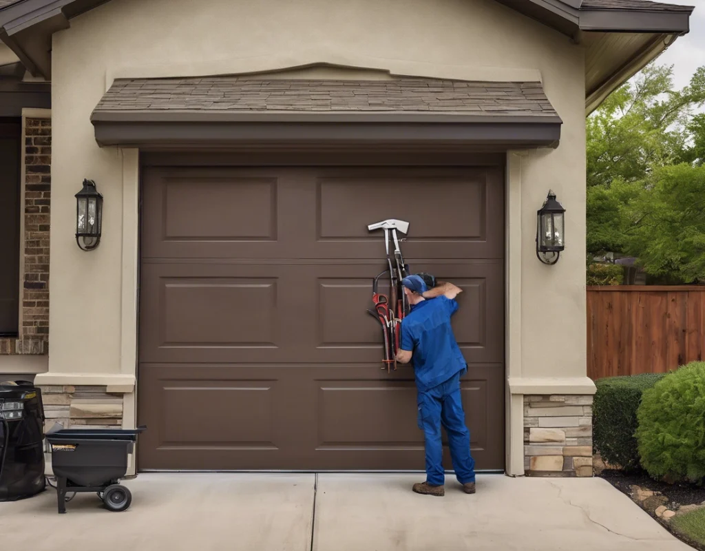 Technician repairing garage door in San Antonio home