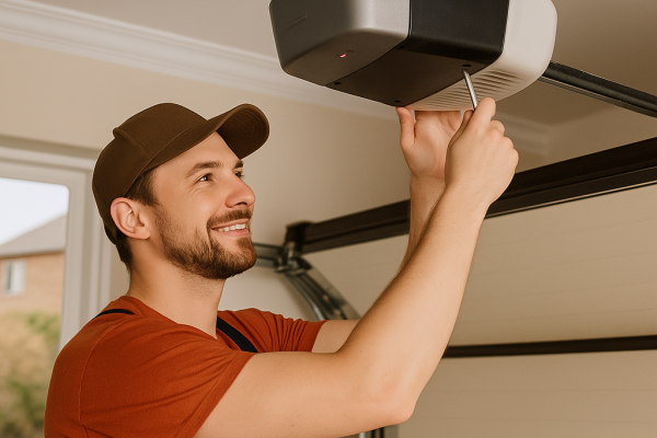 Technician repairing garage door opener motor in Austin home