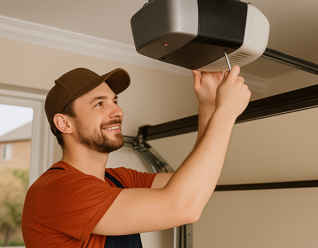 Technician repairing garage door opener motor in Austin home