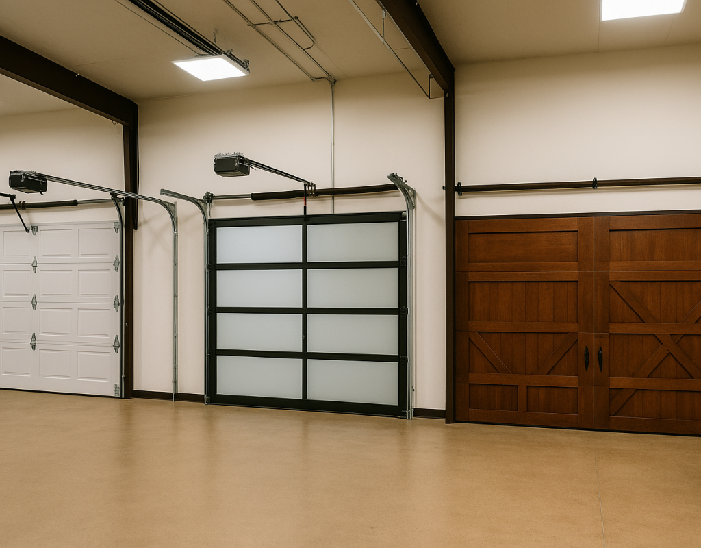 Steel, glass, and wood garage door styles side by side